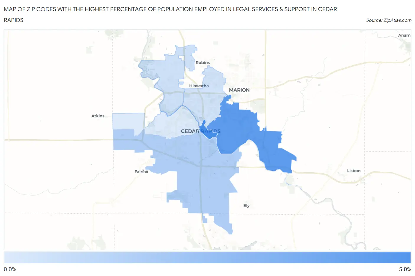 Zip Codes with the Highest Percentage of Population Employed in Legal Services & Support in Cedar Rapids Map