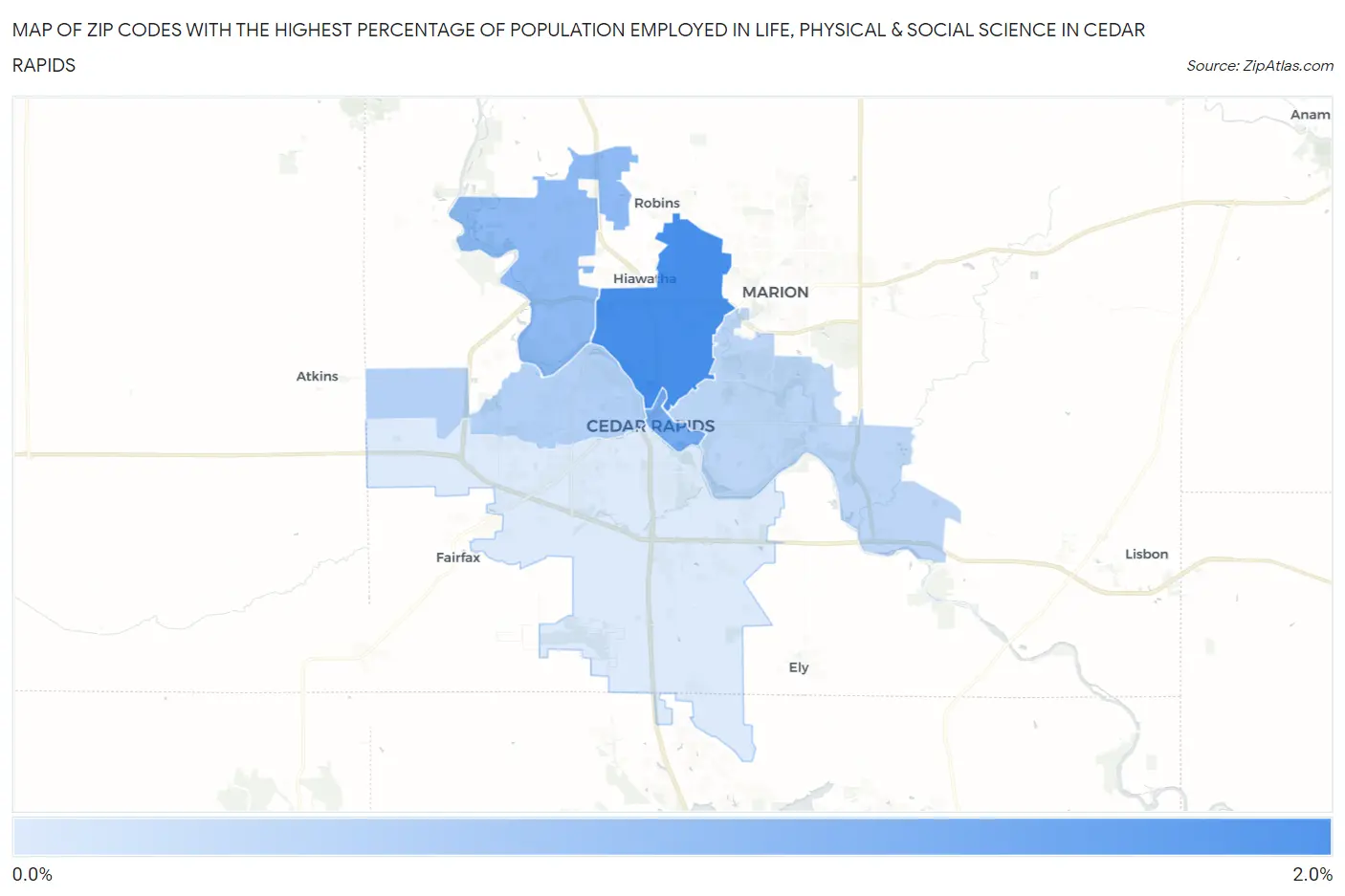 Zip Codes with the Highest Percentage of Population Employed in Life, Physical & Social Science in Cedar Rapids Map