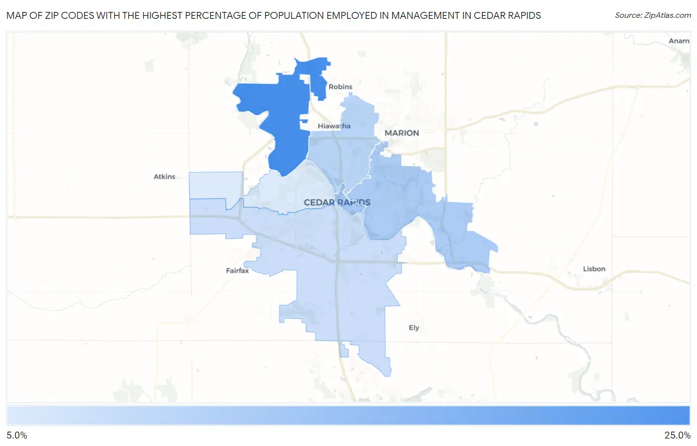 Zip Codes with the Highest Percentage of Population Employed in Management in Cedar Rapids Map