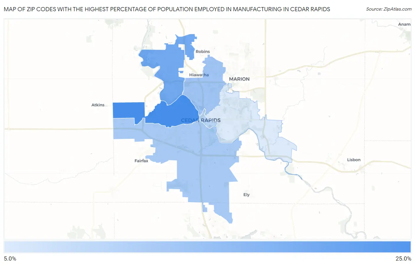 Zip Codes with the Highest Percentage of Population Employed in Manufacturing in Cedar Rapids Map