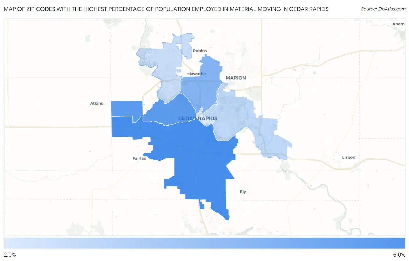 Zip Codes with the Highest Percentage of Population Employed in Material Moving in Cedar Rapids Map