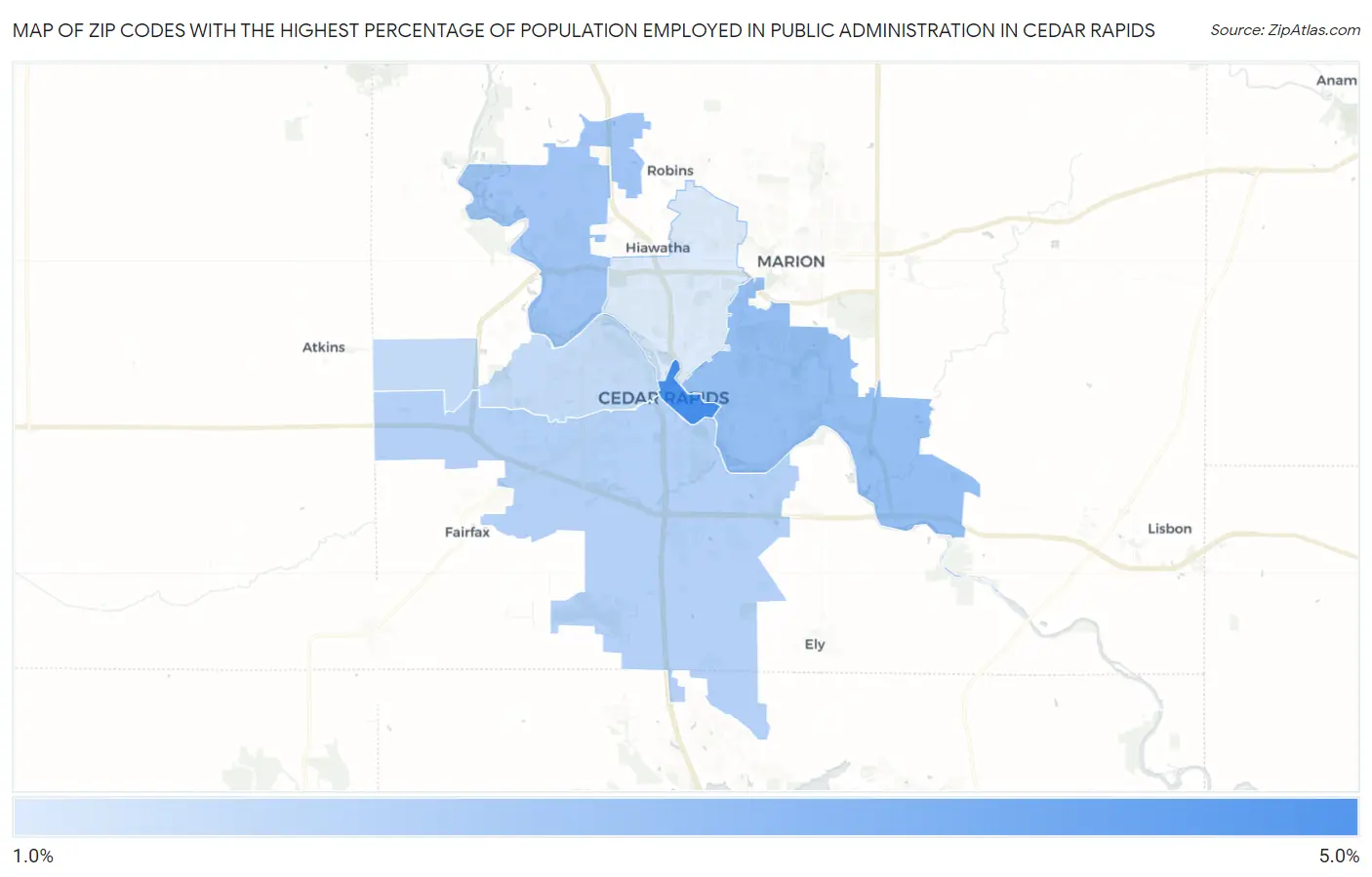 Zip Codes with the Highest Percentage of Population Employed in Public Administration in Cedar Rapids Map