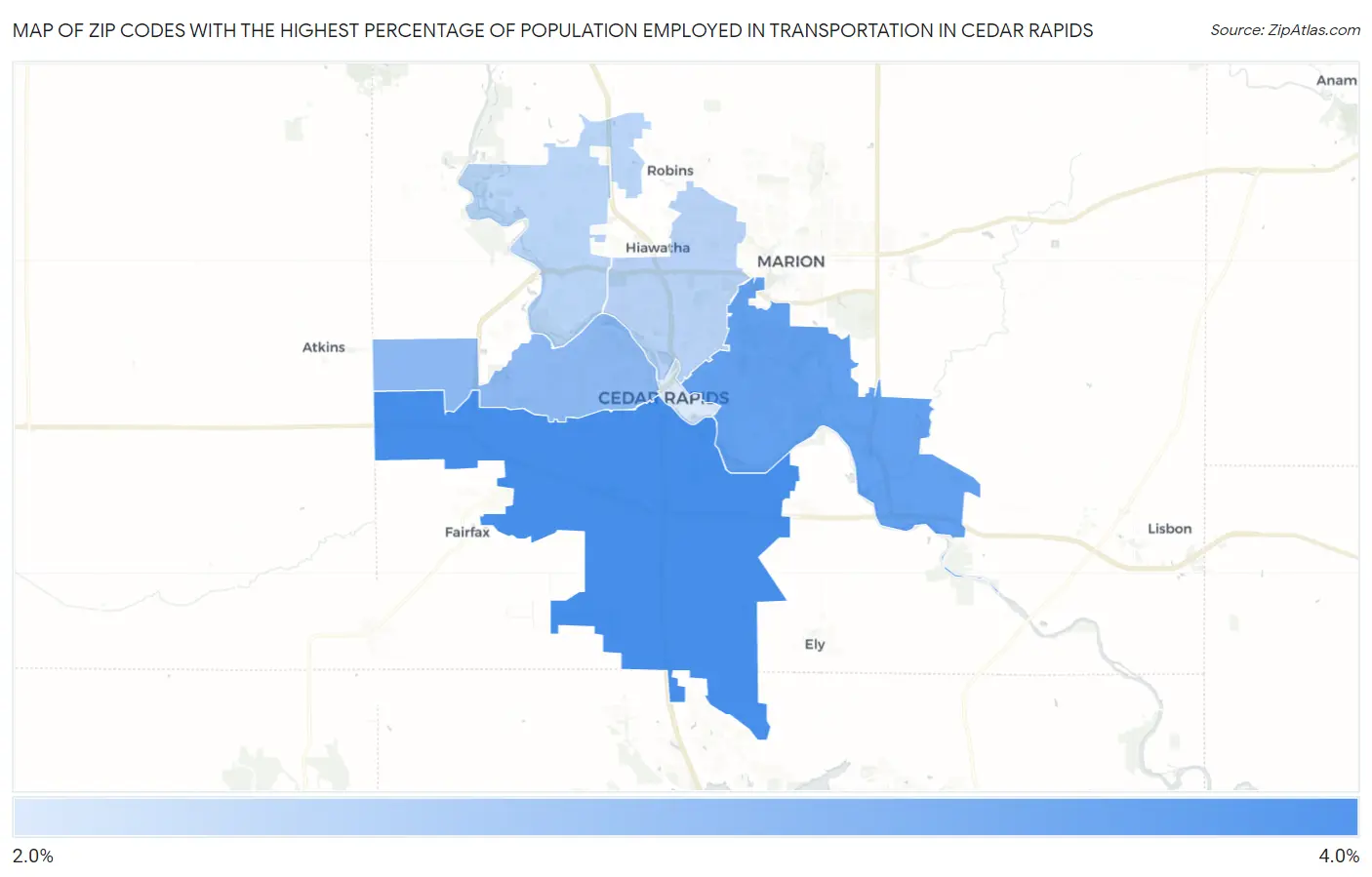 Zip Codes with the Highest Percentage of Population Employed in Transportation in Cedar Rapids Map