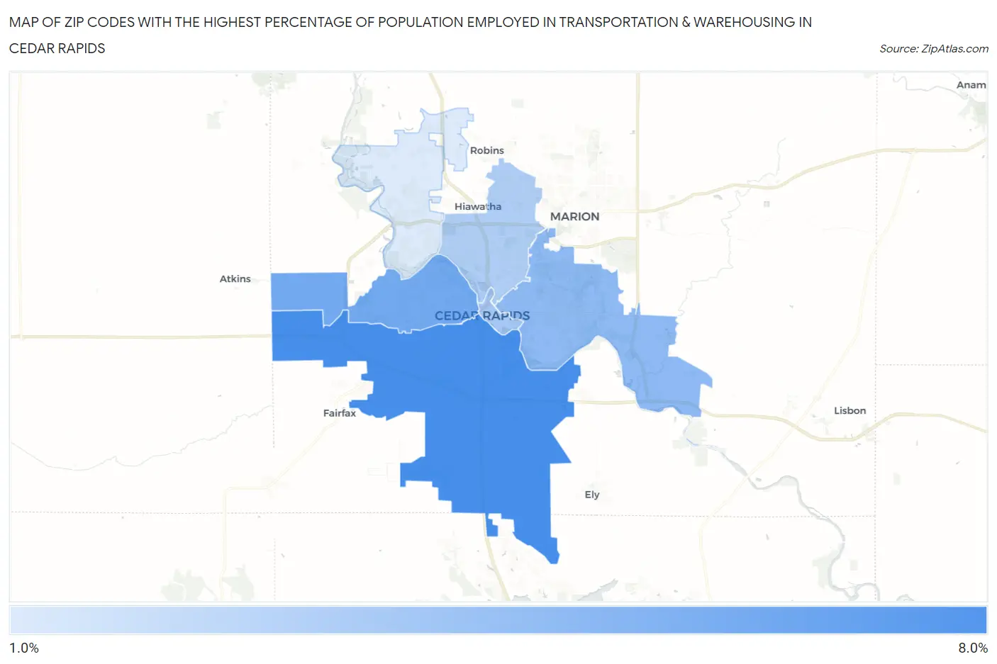 Zip Codes with the Highest Percentage of Population Employed in Transportation & Warehousing in Cedar Rapids Map