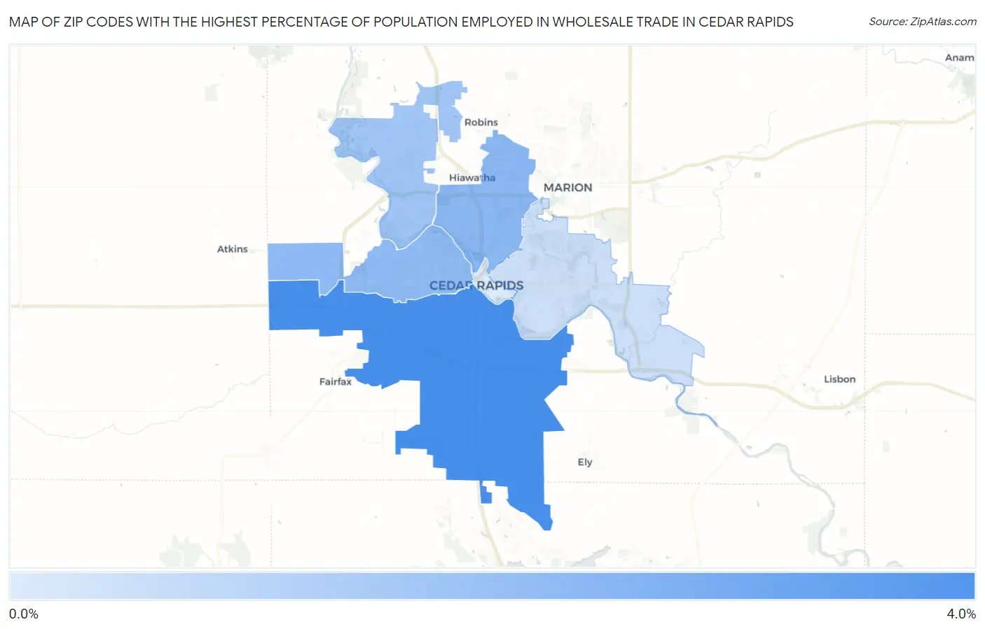 Zip Codes with the Highest Percentage of Population Employed in Wholesale Trade in Cedar Rapids Map