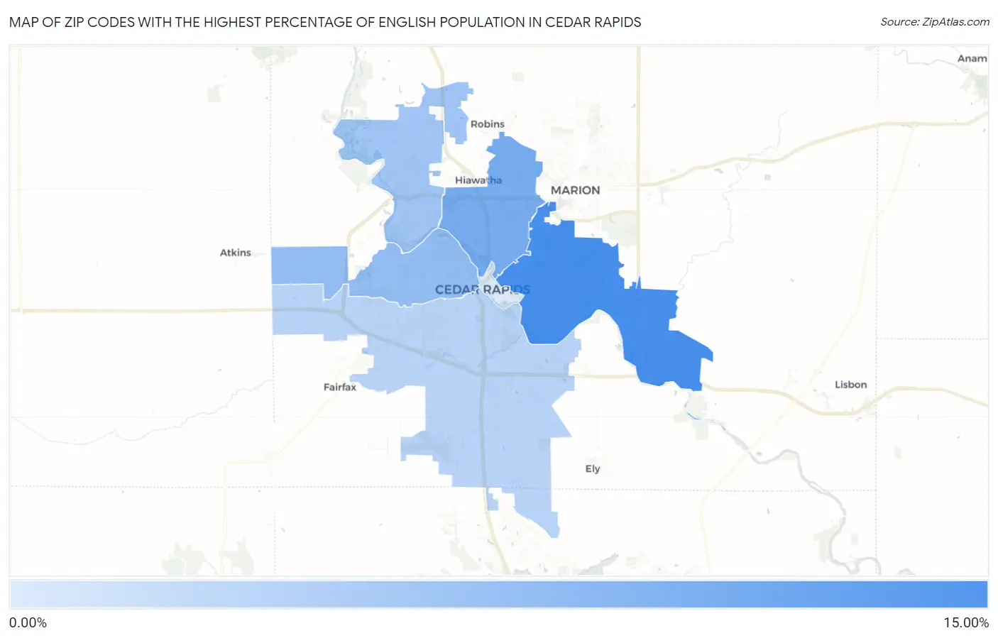 Zip Codes with the Highest Percentage of English Population in Cedar Rapids Map