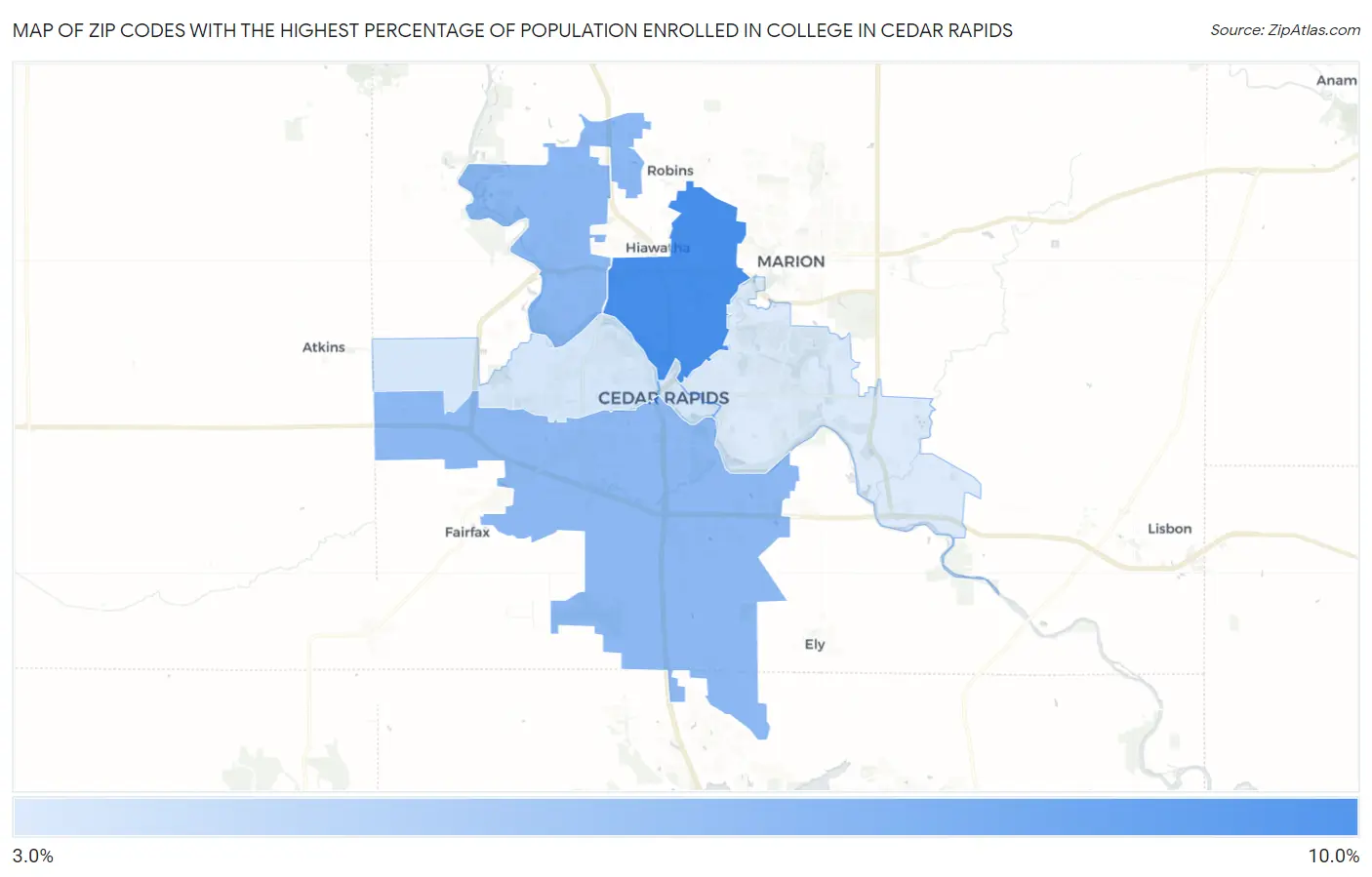 Zip Codes with the Highest Percentage of Population Enrolled in College in Cedar Rapids Map