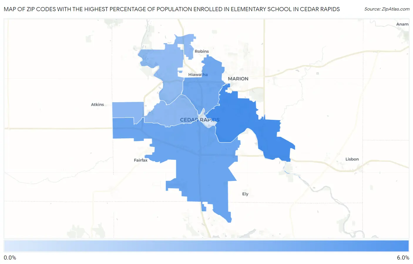 Zip Codes with the Highest Percentage of Population Enrolled in Elementary School in Cedar Rapids Map