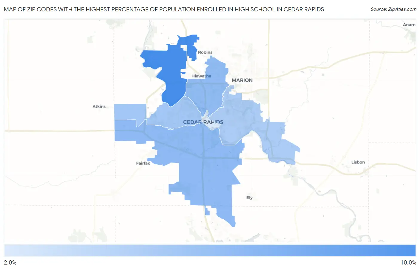 Zip Codes with the Highest Percentage of Population Enrolled in High School in Cedar Rapids Map