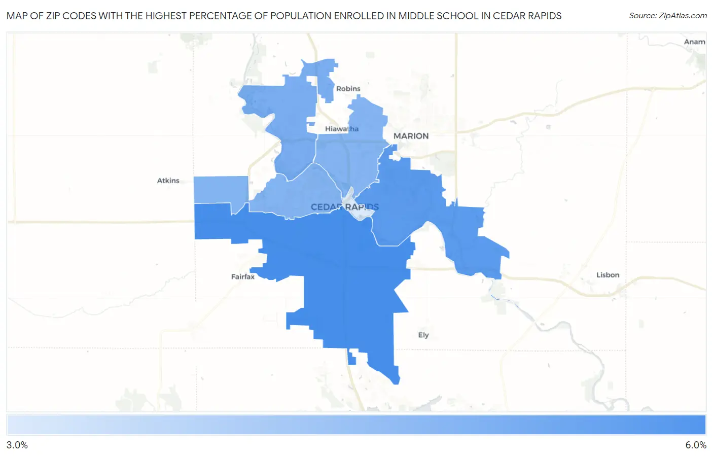 Zip Codes with the Highest Percentage of Population Enrolled in Middle School in Cedar Rapids Map