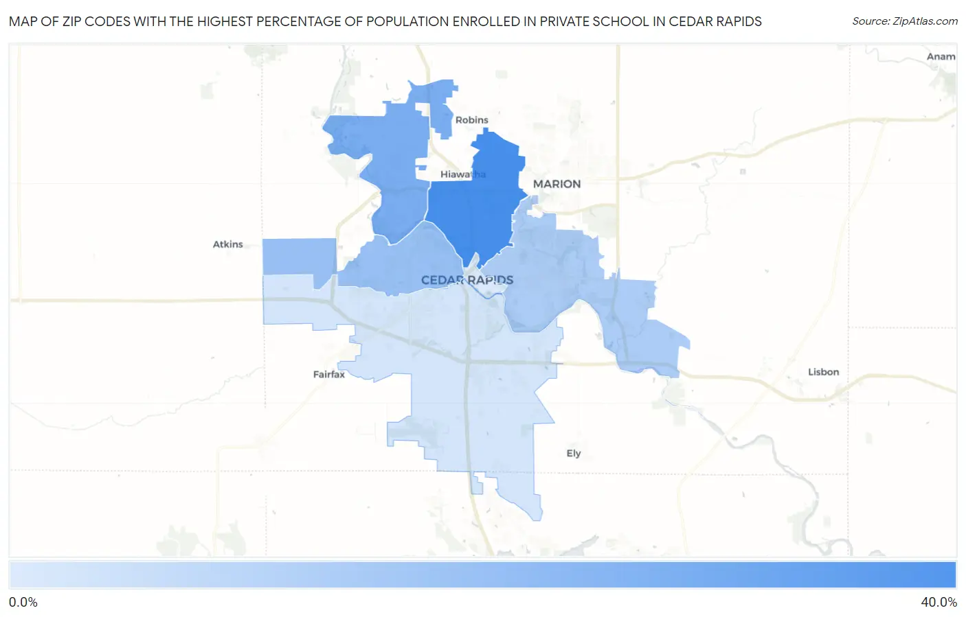 Zip Codes with the Highest Percentage of Population Enrolled in Private School in Cedar Rapids Map
