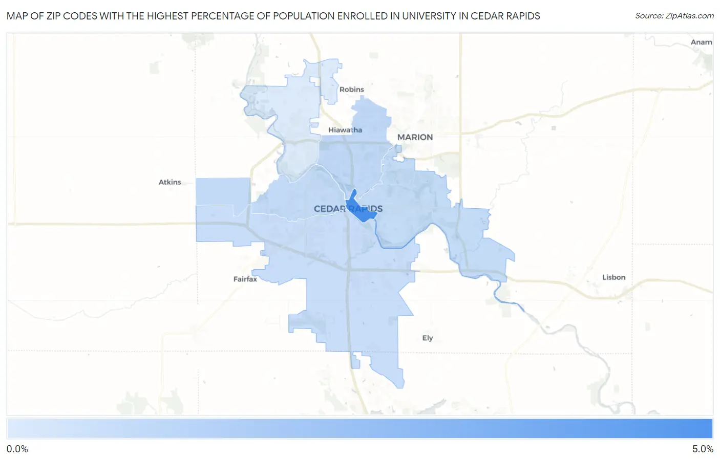 Zip Codes with the Highest Percentage of Population Enrolled in University in Cedar Rapids Map