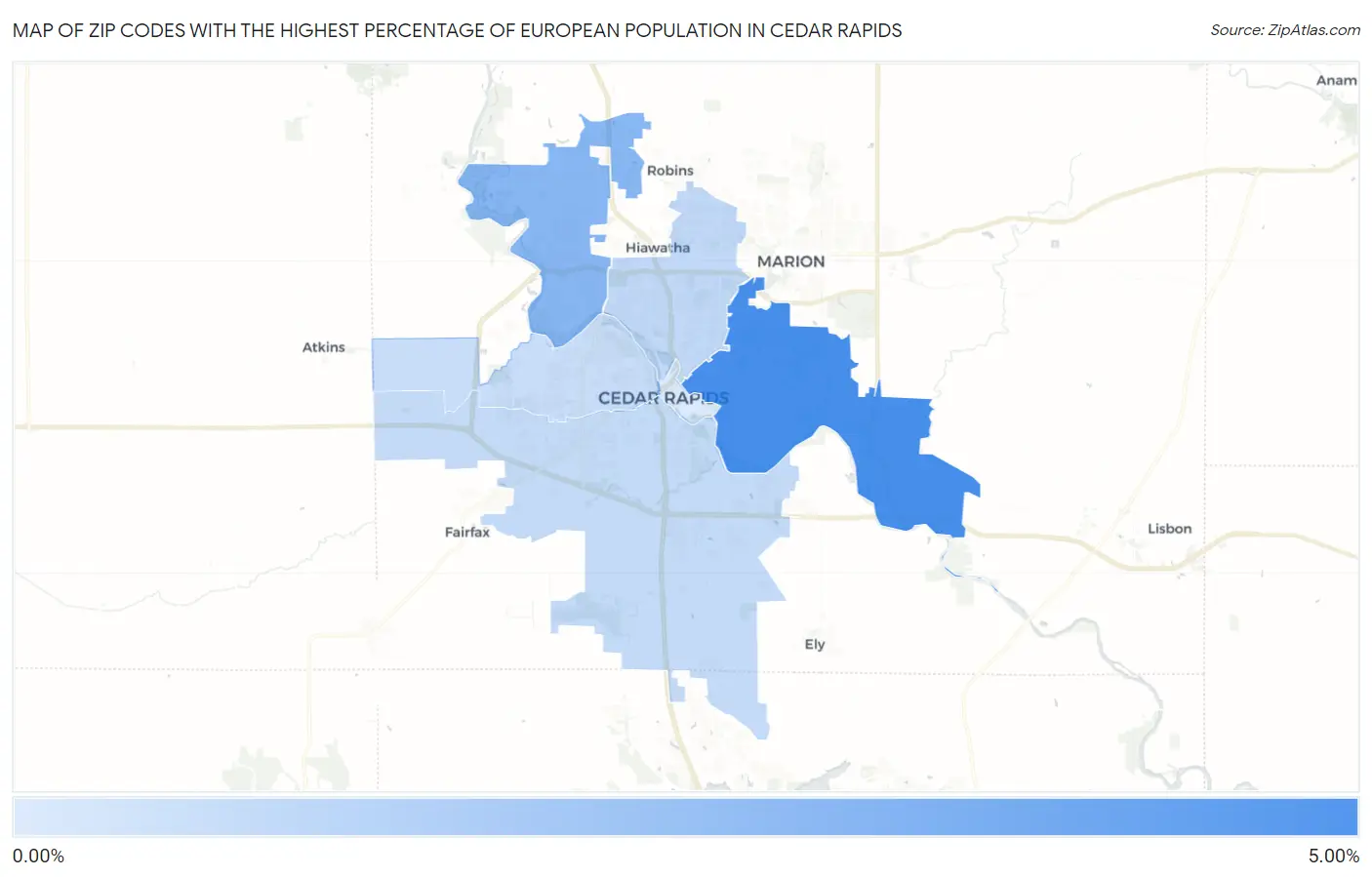 Zip Codes with the Highest Percentage of European Population in Cedar Rapids Map