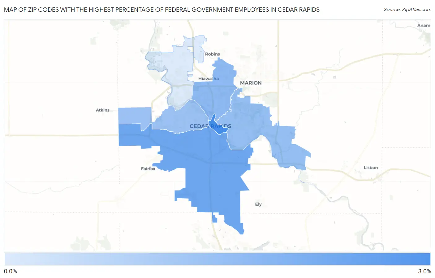 Zip Codes with the Highest Percentage of Federal Government Employees in Cedar Rapids Map