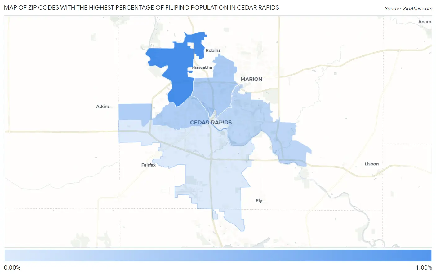 Zip Codes with the Highest Percentage of Filipino Population in Cedar Rapids Map