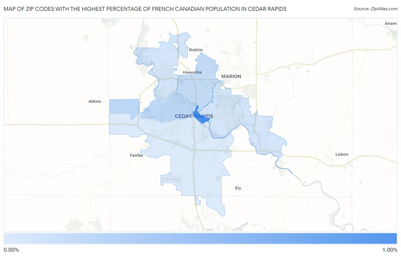 Zip Codes with the Highest Percentage of French Canadian Population in Cedar Rapids Map