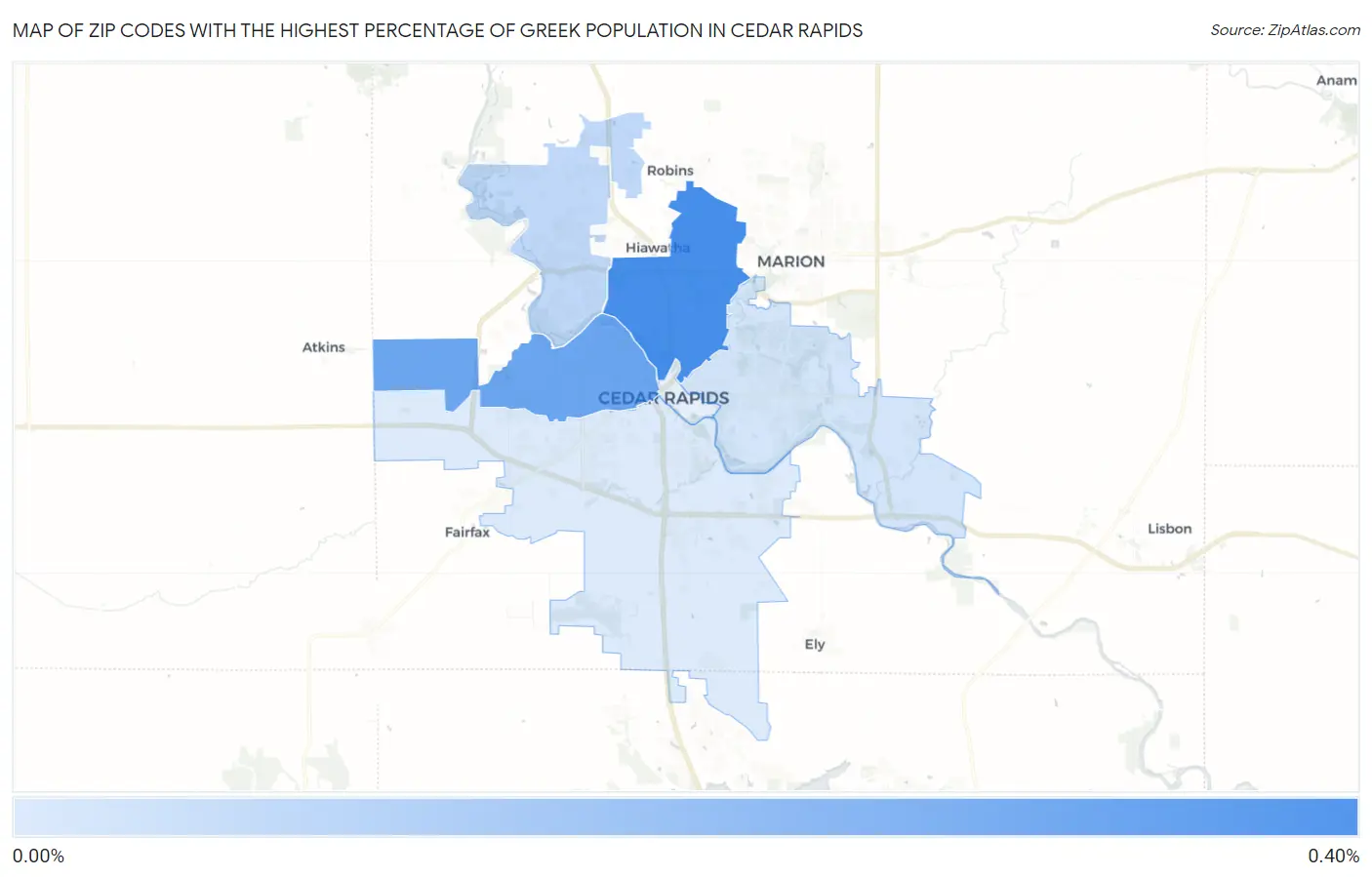 Zip Codes with the Highest Percentage of Greek Population in Cedar Rapids Map