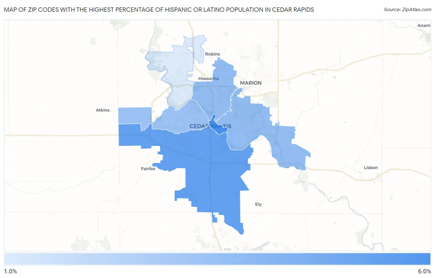Zip Codes with the Highest Percentage of Hispanic or Latino Population in Cedar Rapids Map