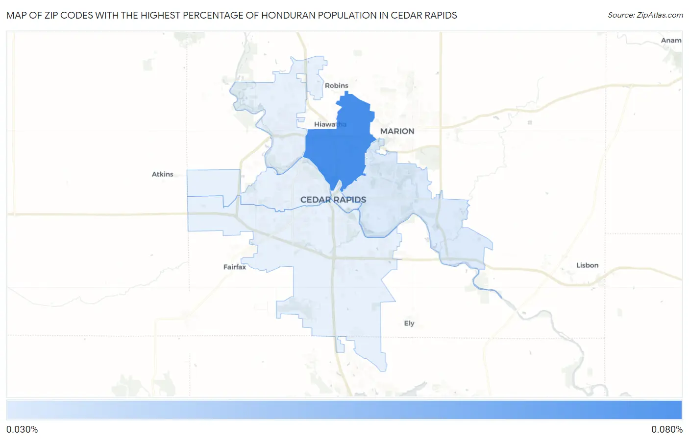 Zip Codes with the Highest Percentage of Honduran Population in Cedar Rapids Map