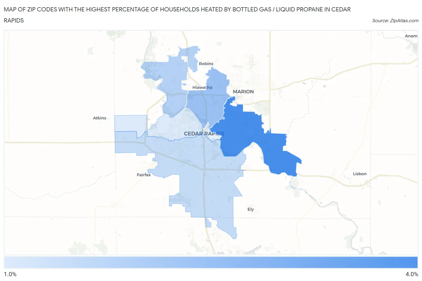 Zip Codes with the Highest Percentage of Households Heated by Bottled Gas / Liquid Propane in Cedar Rapids Map