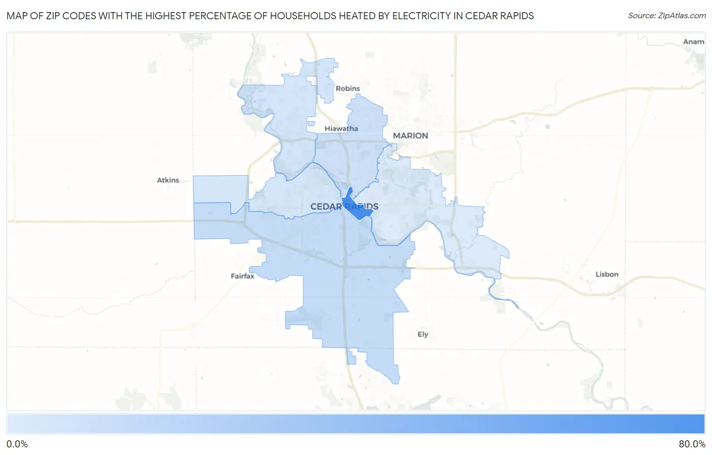 Zip Codes with the Highest Percentage of Households Heated by Electricity in Cedar Rapids Map