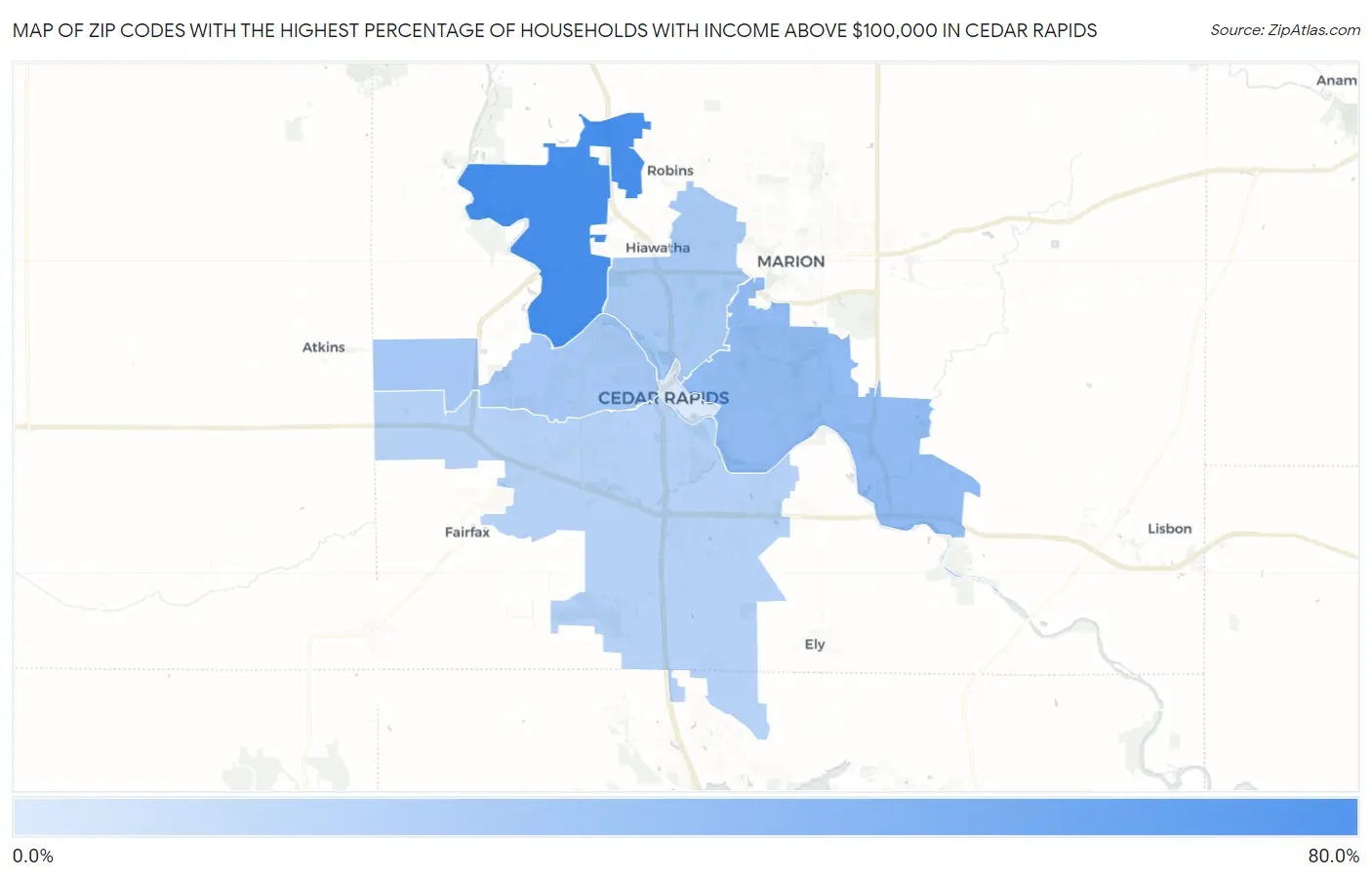 Zip Codes with the Highest Percentage of Households with Income Above $100,000 in Cedar Rapids Map