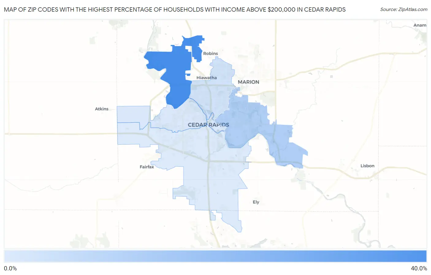 Zip Codes with the Highest Percentage of Households with Income Above $200,000 in Cedar Rapids Map