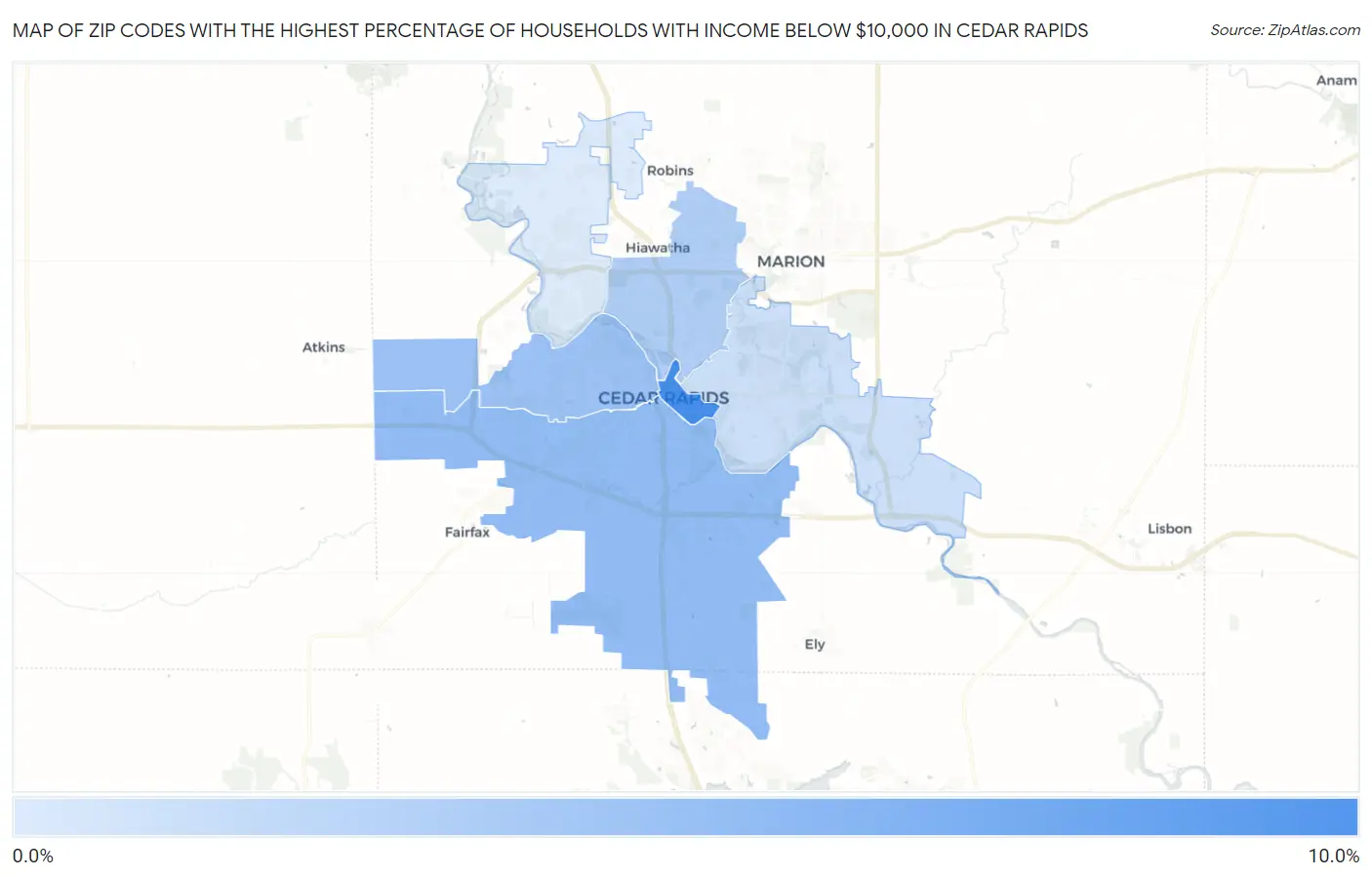 Zip Codes with the Highest Percentage of Households with Income Below $10,000 in Cedar Rapids Map