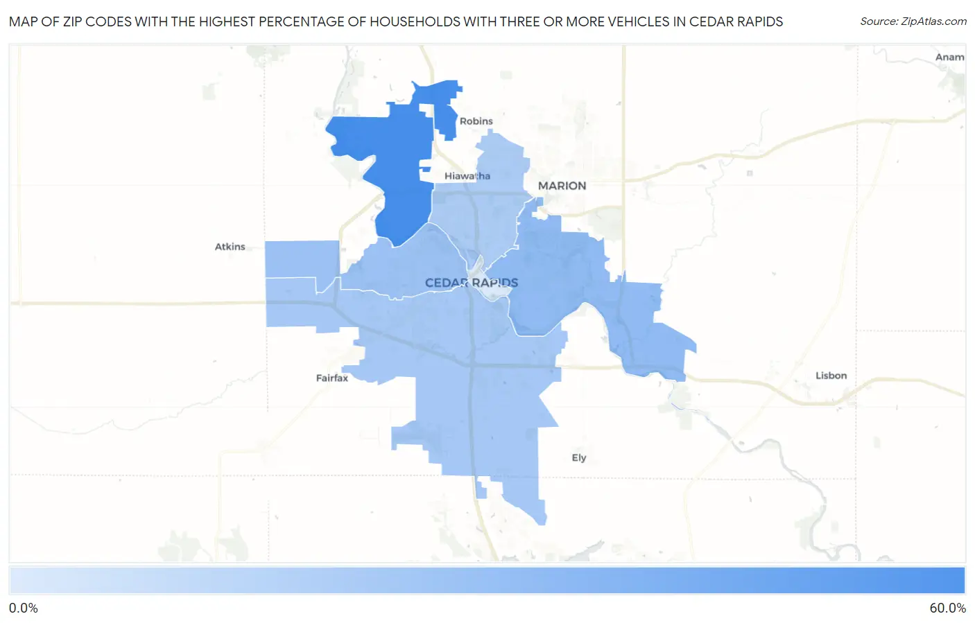 Zip Codes with the Highest Percentage of Households With Three or more Vehicles in Cedar Rapids Map
