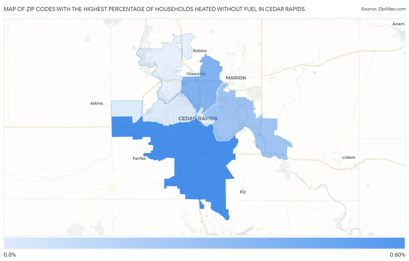 Zip Codes with the Highest Percentage of Households Heated without Fuel in Cedar Rapids Map