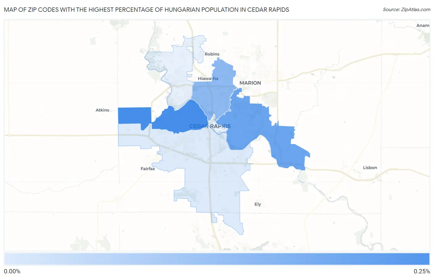 Zip Codes with the Highest Percentage of Hungarian Population in Cedar Rapids Map