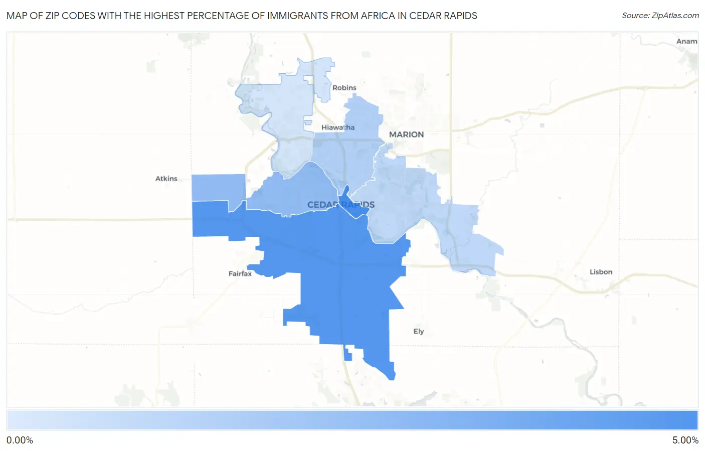 Zip Codes with the Highest Percentage of Immigrants from Africa in Cedar Rapids Map