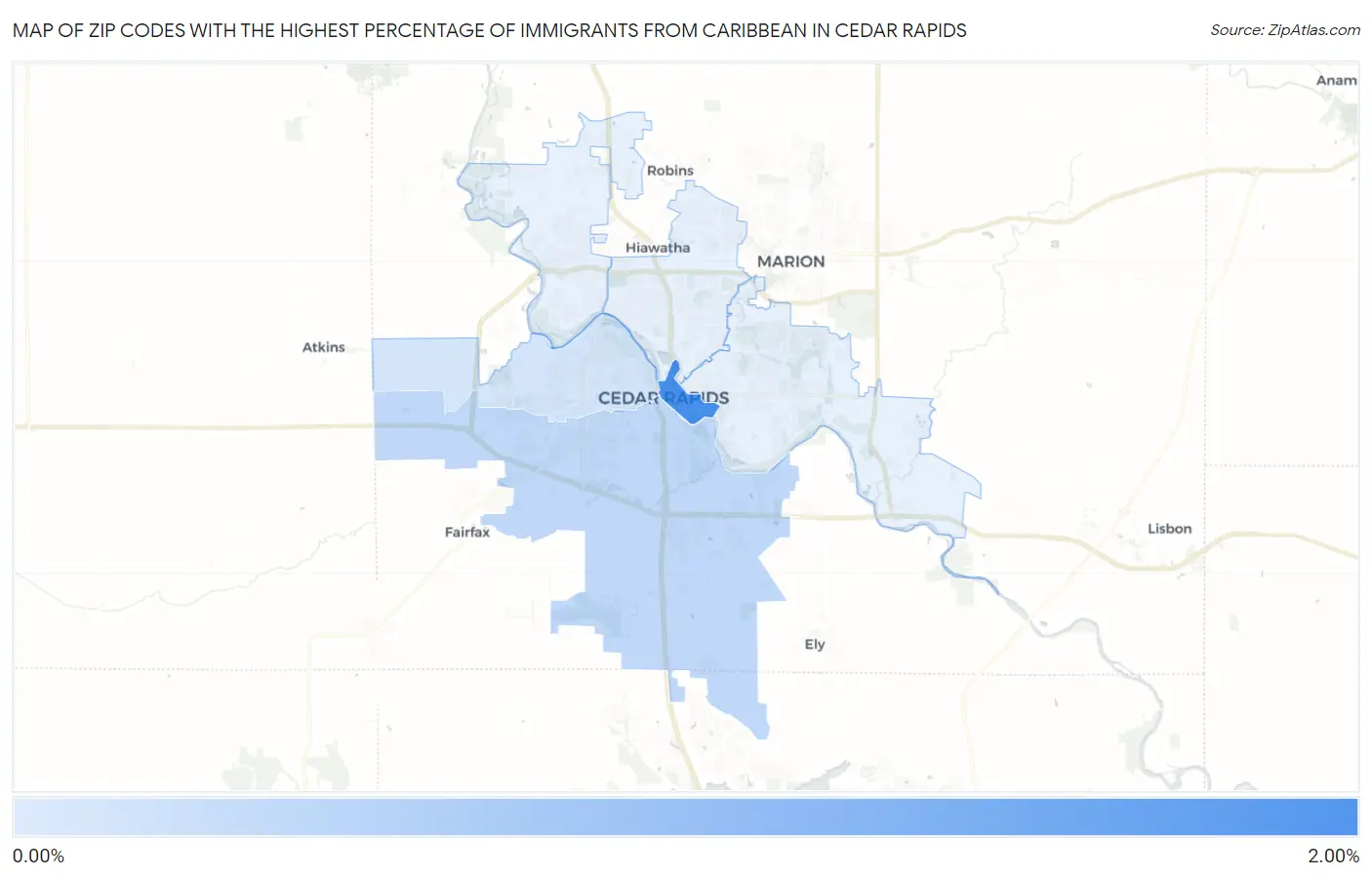 Zip Codes with the Highest Percentage of Immigrants from Caribbean in Cedar Rapids Map