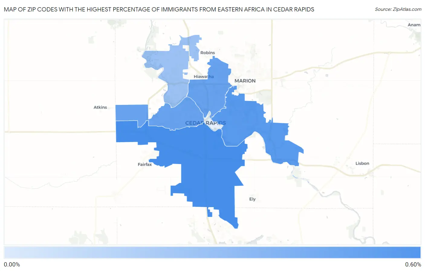 Zip Codes with the Highest Percentage of Immigrants from Eastern Africa in Cedar Rapids Map