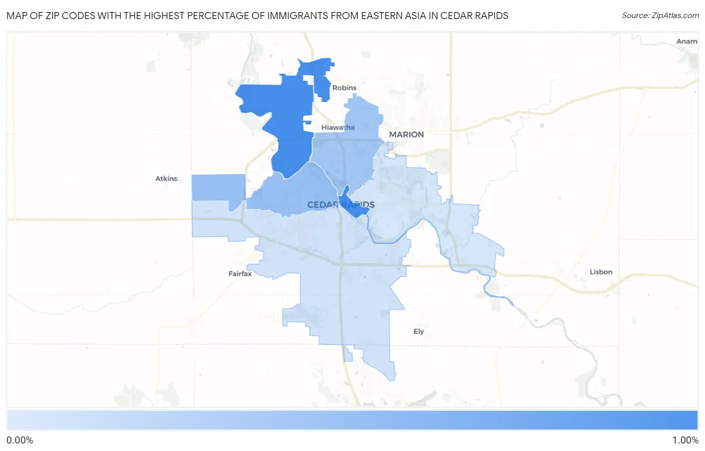 Zip Codes with the Highest Percentage of Immigrants from Eastern Asia in Cedar Rapids Map