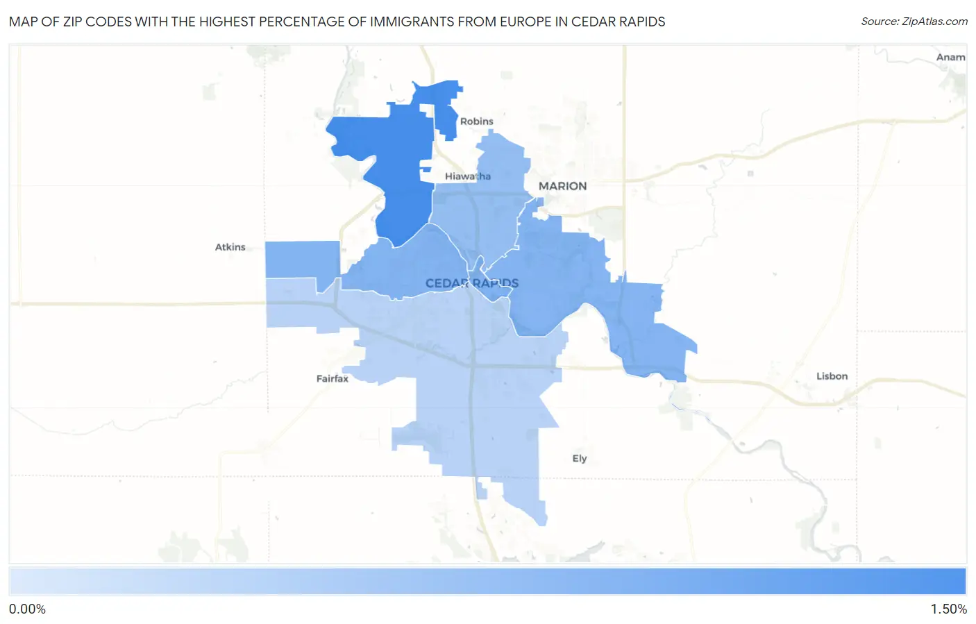 Zip Codes with the Highest Percentage of Immigrants from Europe in Cedar Rapids Map