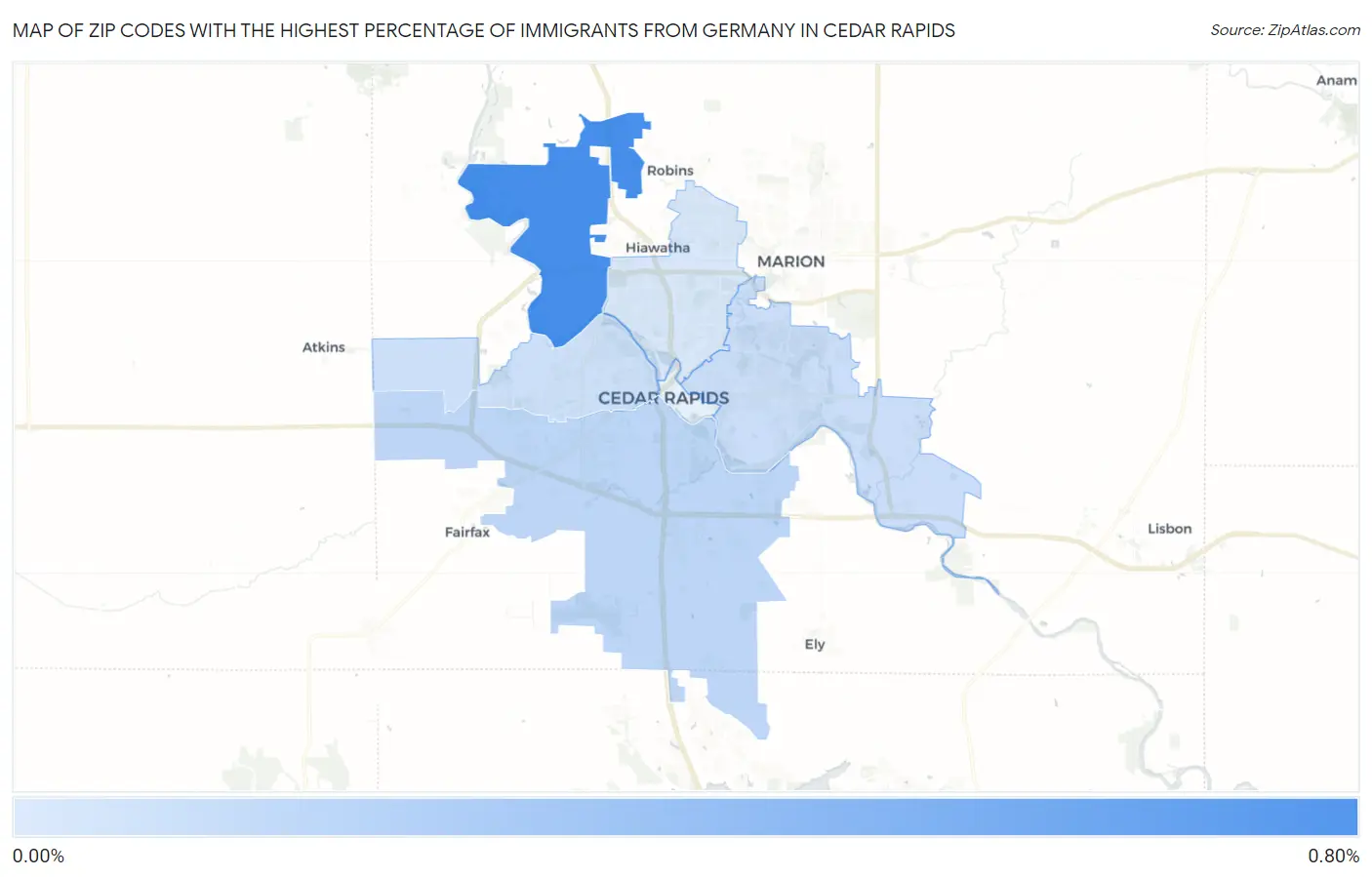 Zip Codes with the Highest Percentage of Immigrants from Germany in Cedar Rapids Map