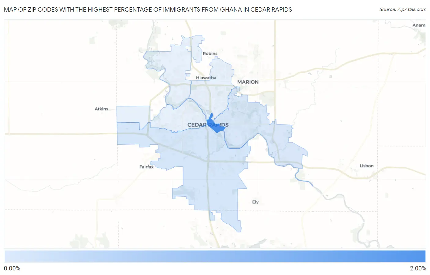 Zip Codes with the Highest Percentage of Immigrants from Ghana in Cedar Rapids Map