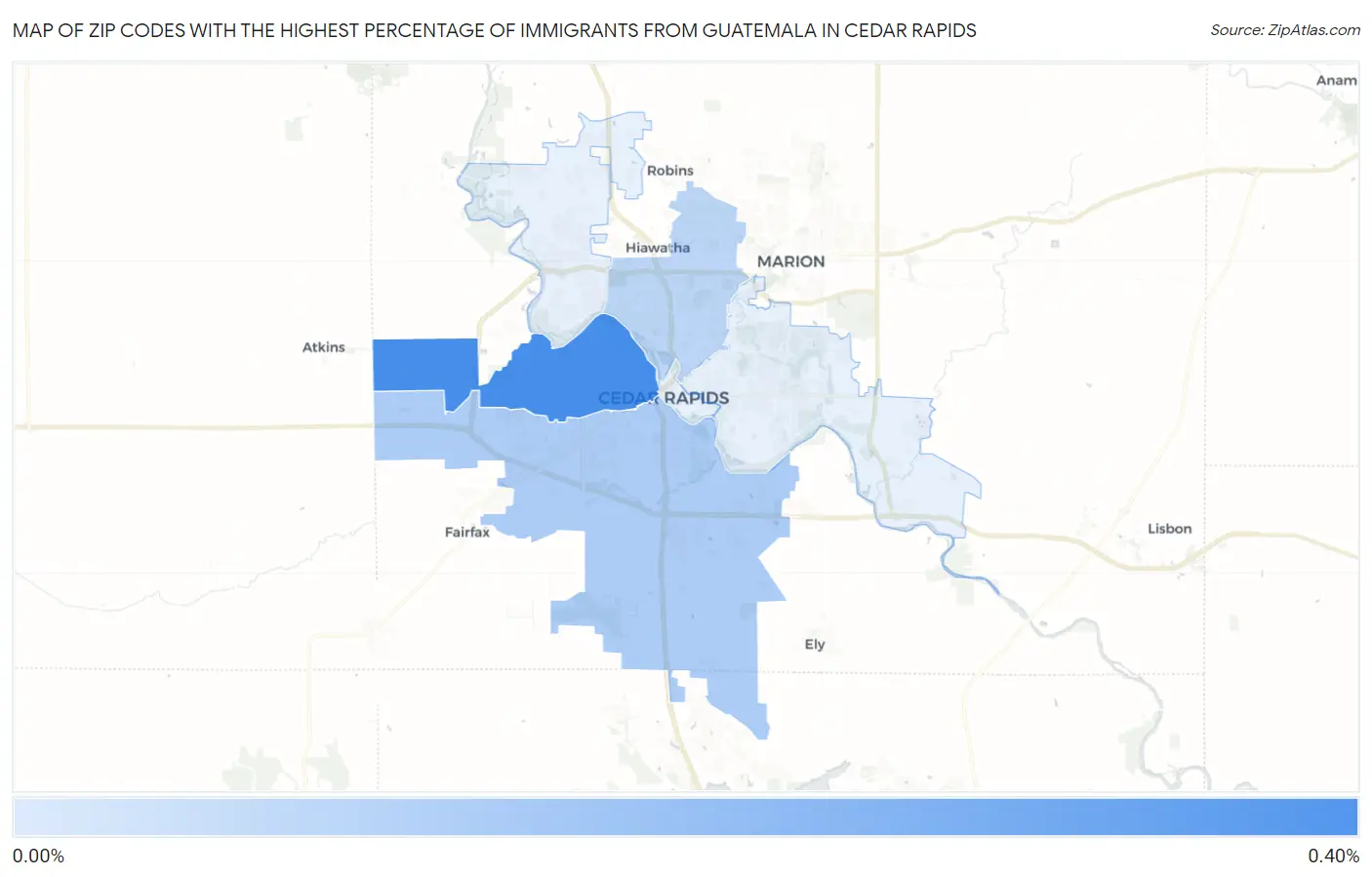 Zip Codes with the Highest Percentage of Immigrants from Guatemala in Cedar Rapids Map