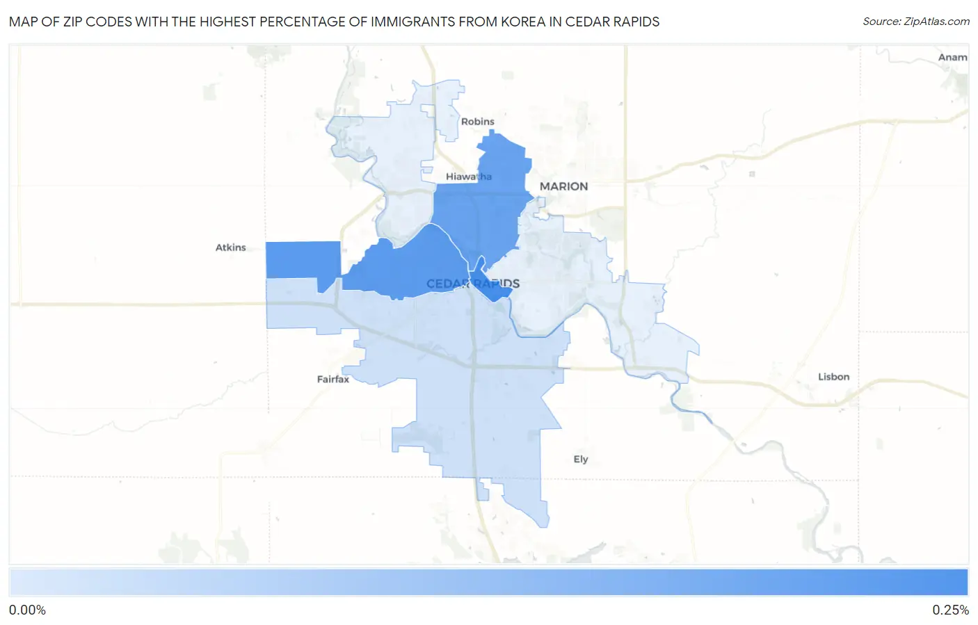 Zip Codes with the Highest Percentage of Immigrants from Korea in Cedar Rapids Map