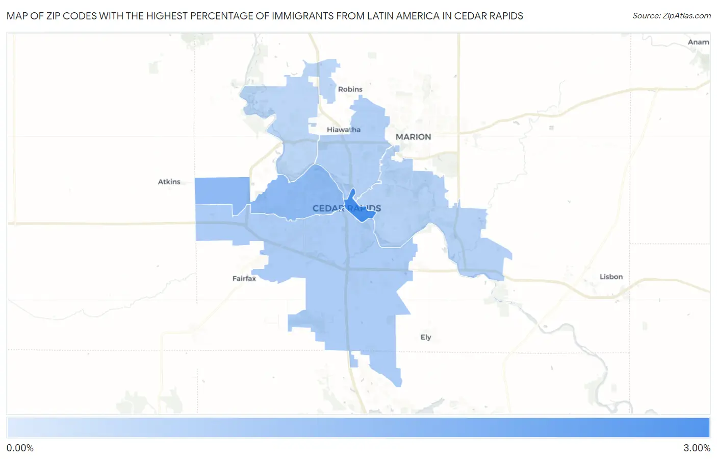 Zip Codes with the Highest Percentage of Immigrants from Latin America in Cedar Rapids Map