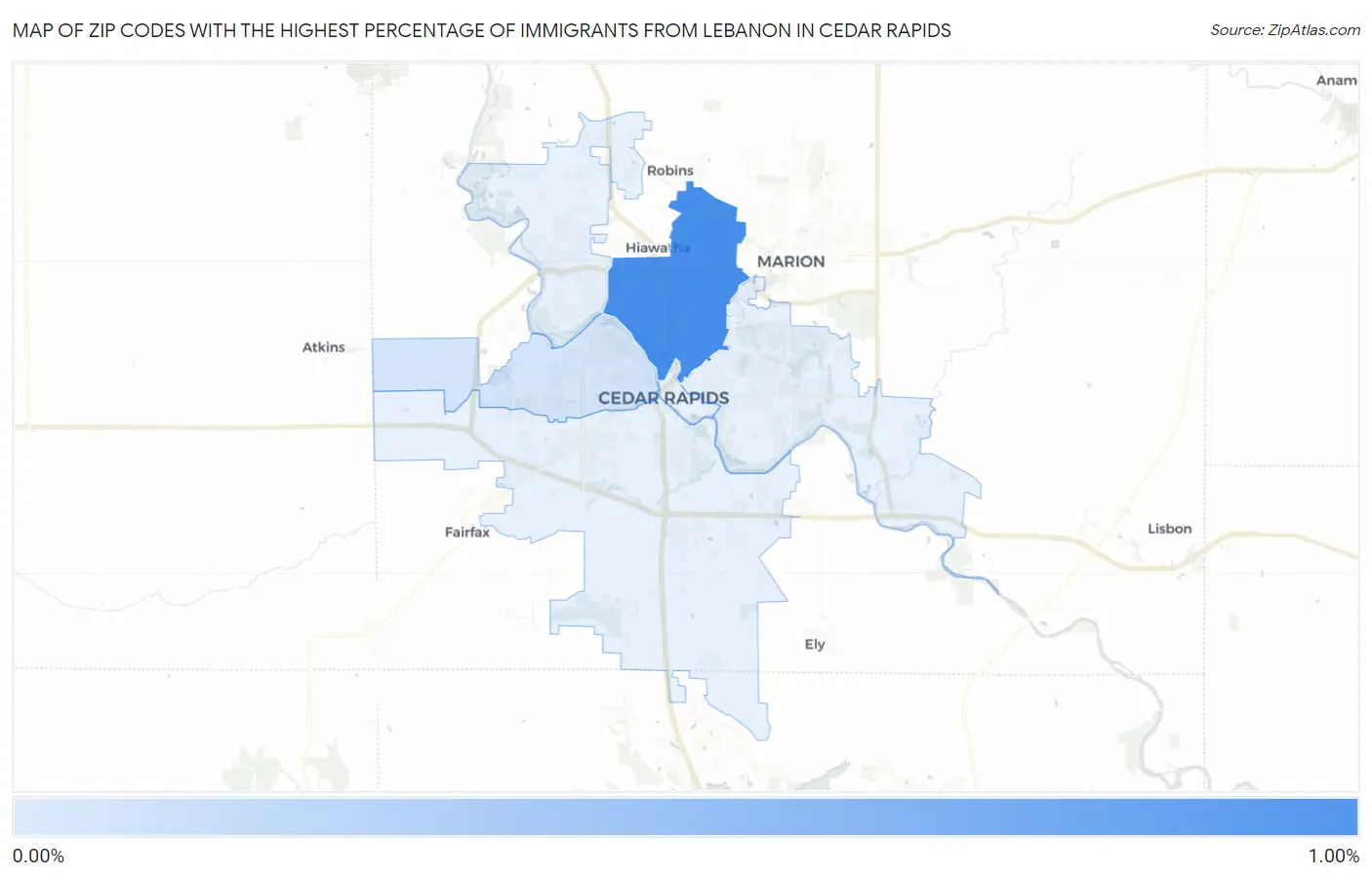 Zip Codes with the Highest Percentage of Immigrants from Lebanon in Cedar Rapids Map
