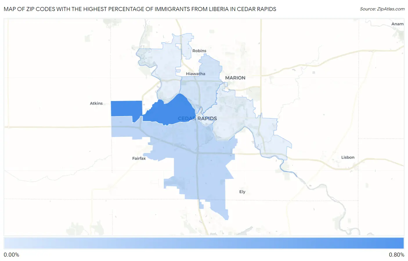 Zip Codes with the Highest Percentage of Immigrants from Liberia in Cedar Rapids Map