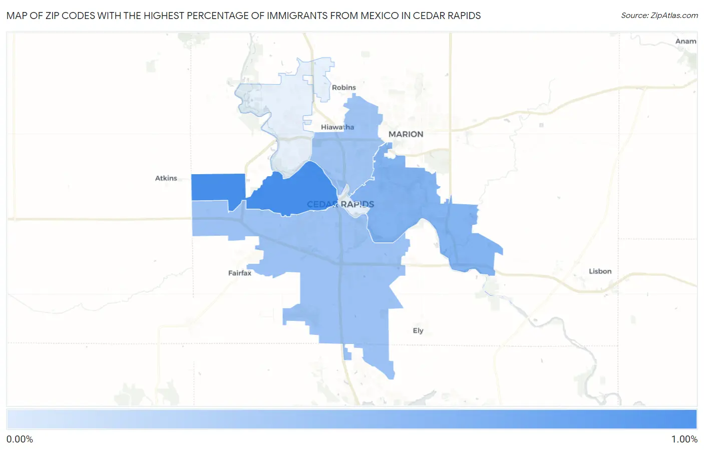 Zip Codes with the Highest Percentage of Immigrants from Mexico in Cedar Rapids Map