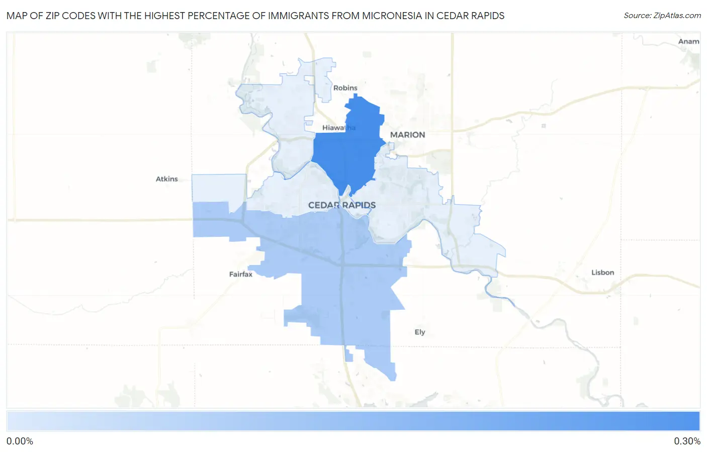 Zip Codes with the Highest Percentage of Immigrants from Micronesia in Cedar Rapids Map