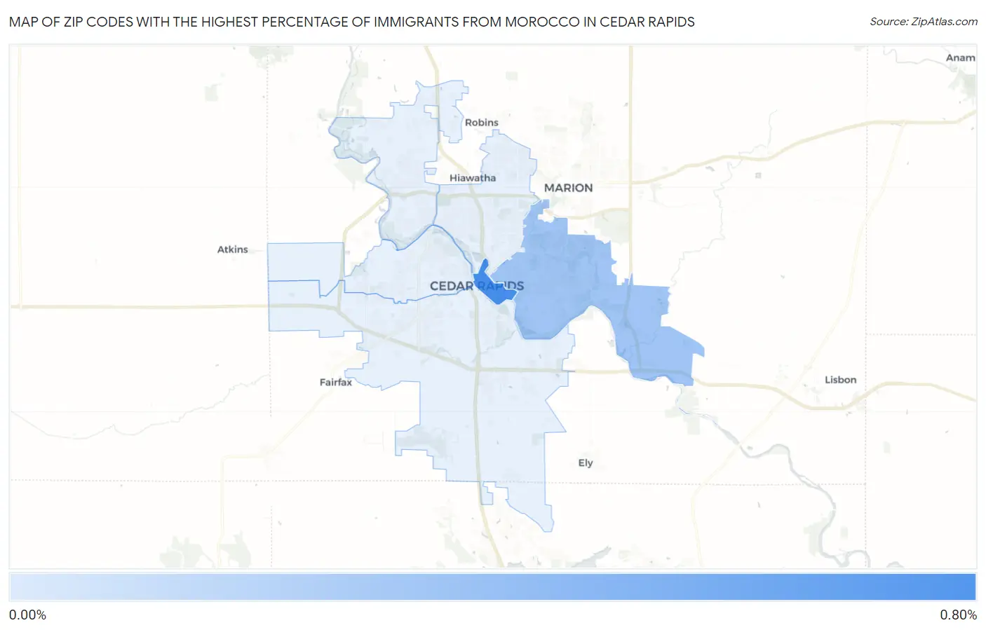Zip Codes with the Highest Percentage of Immigrants from Morocco in Cedar Rapids Map