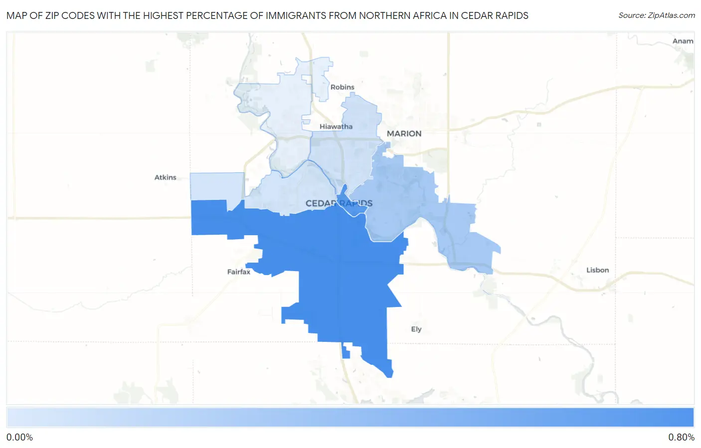 Zip Codes with the Highest Percentage of Immigrants from Northern Africa in Cedar Rapids Map