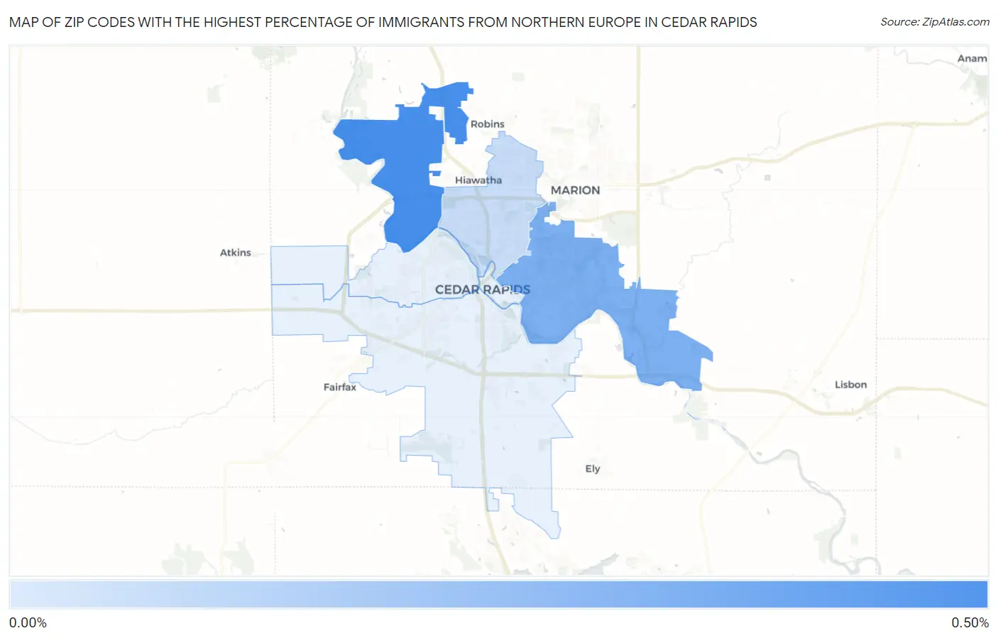 Zip Codes with the Highest Percentage of Immigrants from Northern Europe in Cedar Rapids Map