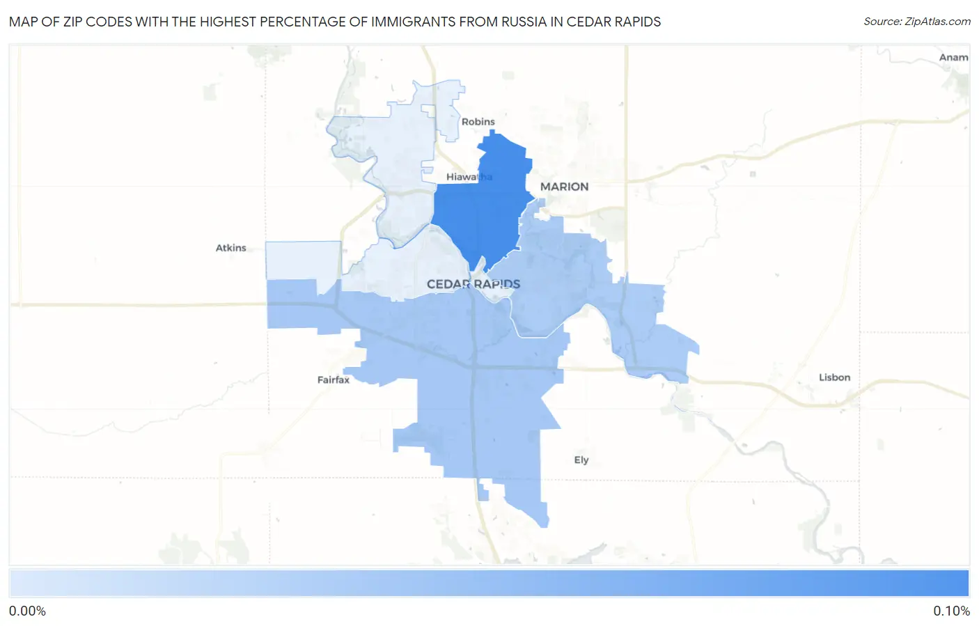 Zip Codes with the Highest Percentage of Immigrants from Russia in Cedar Rapids Map