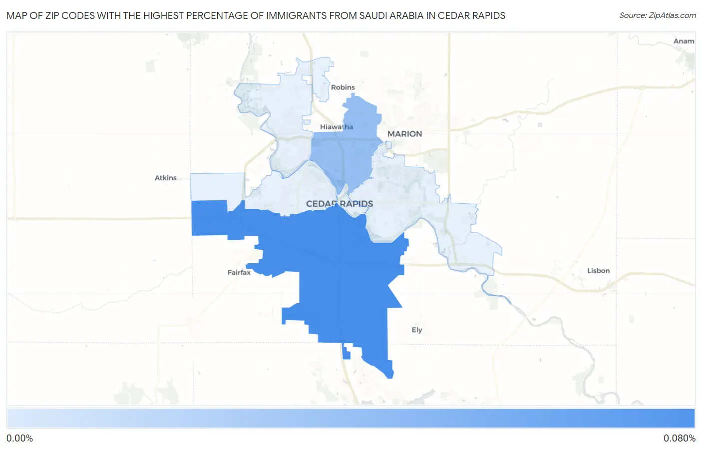 Zip Codes with the Highest Percentage of Immigrants from Saudi Arabia in Cedar Rapids Map